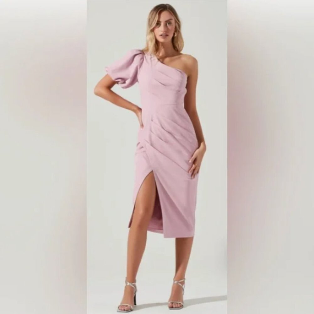 ASTR the Label Joelle One-Shoulder Midi Dress Ruched Drape Soft Pink Blush Sz L